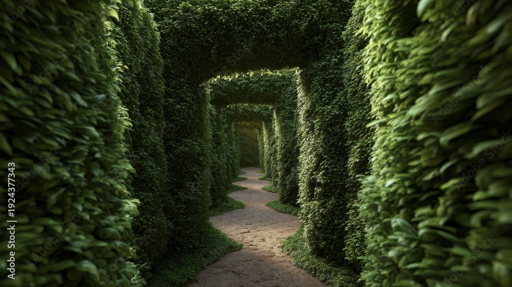 Fototapeta premium Lush green hedge maze pathway in sunlight