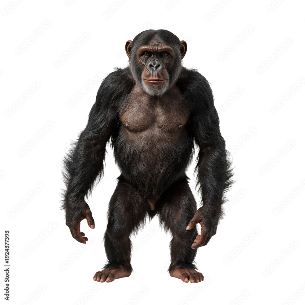 Fototapeta premium Chimpanzee Standing Upright on a White Background in a Studio Setting