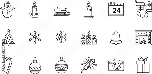 Icon collection representing various winter and holiday symbols and activities isolated on transparent background, Vector