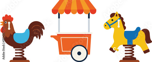 Colorful cartoon animals with a food cart in between them isolated on transparent background, Vector