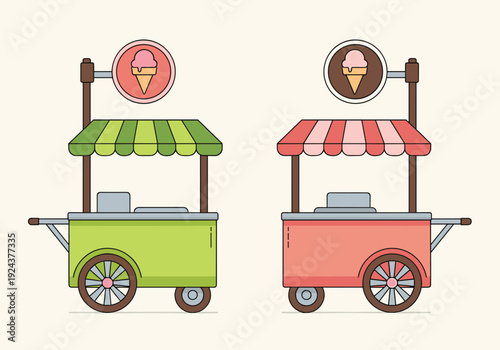 Two ice cream carts with different flavors and cartoon faces on the awning isolated on transparent background, Vector
