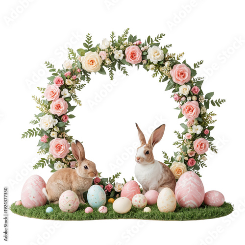 Colorful Easter Eggs Arranged in a Floral Wreath With Pink Flowers and Greene...