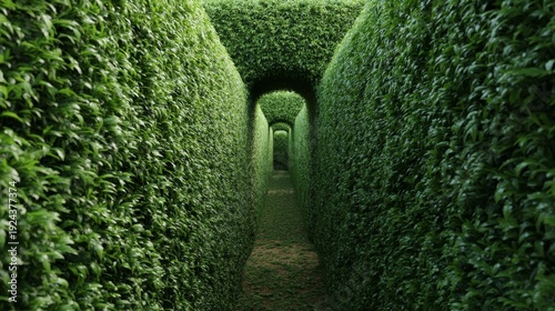 Intricate green hedge maze pathway with archway