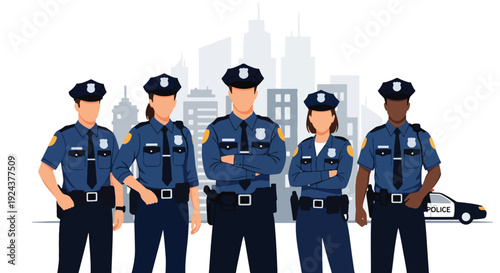 Modern vector illustration of diverse police officers standing confidently together in urban environment representing teamwork, public safety, protection and professional law enforcement service