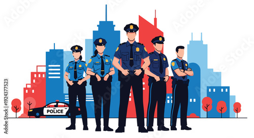 Modern vector illustration of diverse police officers standing confidently together in urban environment representing teamwork, public safety, protection and professional law enforcement service