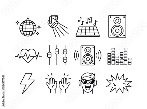 Line style icons of decadent nightlife vibe: disco, spotlight, dancefloor, speaker; rhythm, beat, bass, pulse; thrill, energy,
