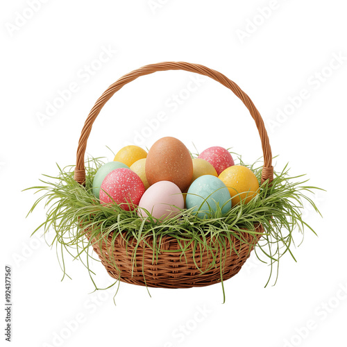 Colorful Easter Eggs in a Basket With Green Grass on a White Background Durin...