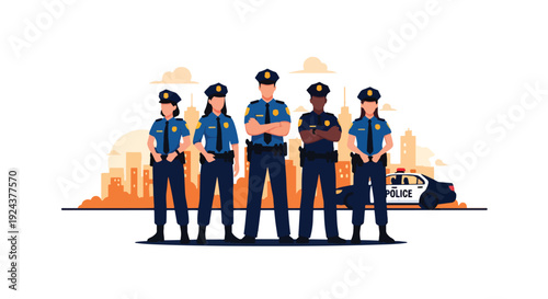 Modern vector illustration of diverse police officers standing confidently together in urban environment representing teamwork, public safety, protection and professional law enforcement service