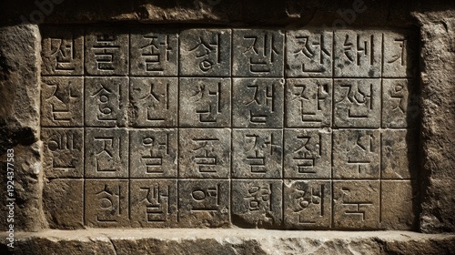 Ancient korean stone carving with hangul script on weathered rock surface