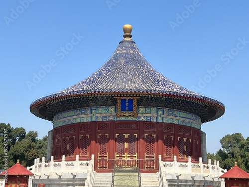 Zoomed low angle view of the Imperial Vault of Heaven temple in the temple of heaven, on a sunny spring day, Beijing, China