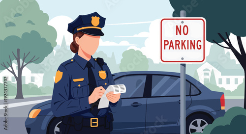 Modern vector illustration of police officer issuing traffic ticket to driver roadside showing law enforcement duty, regulation compliance and professional public safety service in city environment