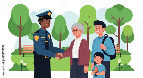 Modern vector illustration of police officer interacting positively with local community in park showing trust building, public service, safety awareness and friendly law enforcement presence
