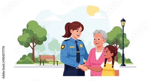 Modern vector illustration of police officer interacting positively with local community in park showing trust building, public service, safety awareness and friendly law enforcement presence