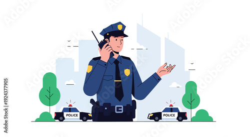 Modern vector illustration of police officer using radio communication coordinating field operation representing teamwork, emergency response and efficient law enforcement service