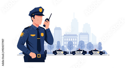 Modern vector illustration of police officer using radio communication coordinating field operation representing teamwork, emergency response and efficient law enforcement service