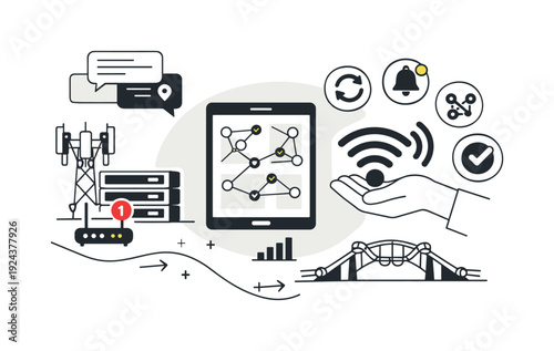 Modern minimal flat vector conceptual collage, crisp hard edges, consistent THIN outline stroke, rounded corners where needed,