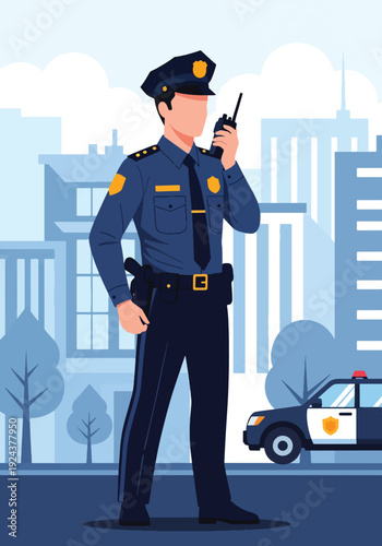 Modern vector illustration of police officer using radio communication coordinating field operation representing teamwork, emergency response and efficient law enforcement service
