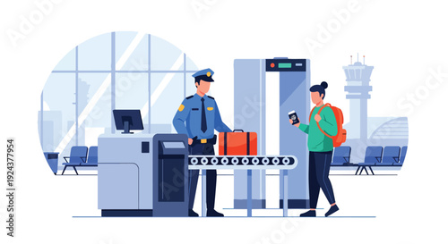 Modern vector illustration of airport police checking passenger luggage ensuring travel safety, border security and professional law enforcement presence in transportation environment