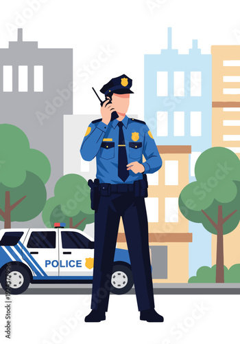 Modern vector illustration of police officer using radio communication coordinating field operation representing teamwork, emergency response and efficient law enforcement service