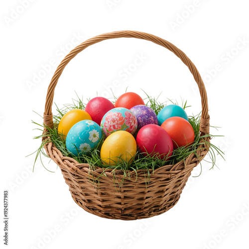 Colorful Eggs in a Basket With Grass for an Easter Celebration in Spring