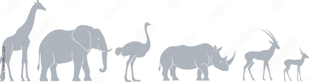 Fototapeta premium African wildlife silhouettes featuring giraffe, elephant, ostrich, rhinoceros, antelope, gazelle, black nature illustration symbolizing biodiversity, wilderness