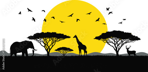 African savanna sunset silhouette illustration with elephant, giraffe, deer, acacia trees, flying birds, scenic wildlife artwork symbolizing nature, wilderness, serenity, and cultural landscape
