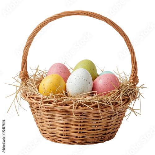 Colorful Eggs in a Basket With Green Grass Set in a Simple Style for a Holida...