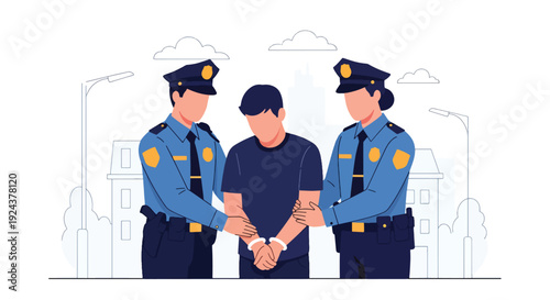 Modern vector illustration of police officers performing safe arrest procedure representing justice enforcement, authority, public safety and professional law enforcement duty in urban setting