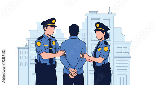 Modern vector illustration of police officers performing safe arrest procedure representing justice enforcement, authority, public safety and professional law enforcement duty in urban setting