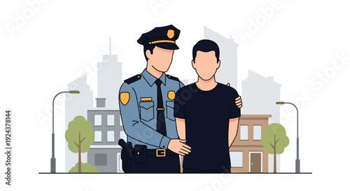Modern vector illustration of police officers performing safe arrest procedure representing justice enforcement, authority, public safety and professional law enforcement duty in urban setting