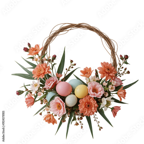 Spring Wreath With Flowers and Decorative Eggs in Various Colors