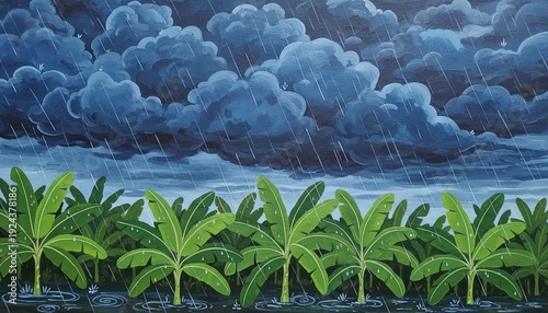 Atmospheric painting of tropical banana trees during heavy rainfall under dark stormy clouds