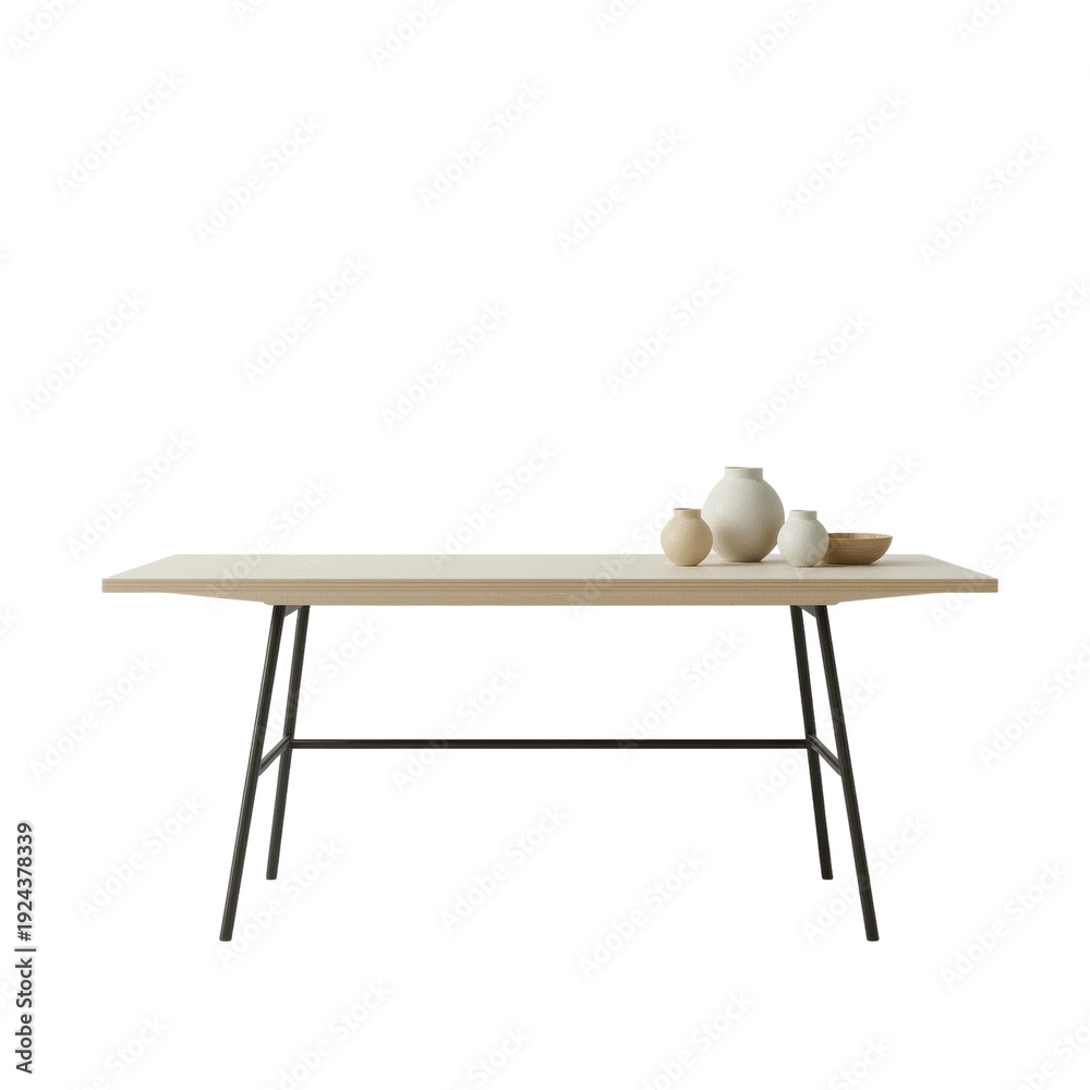 Fototapeta premium Simple Table With Vases and Bowl Set on a Modern Surface in a Neutral Setting