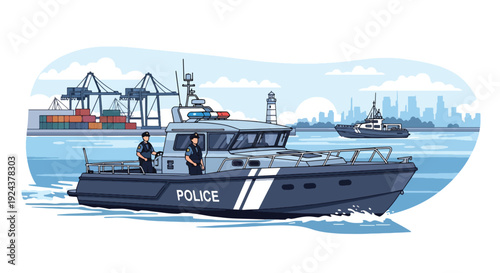 Modern vector illustration of marine police patrolling harbor with boat ensuring coastal security, transportation safety and professional law enforcement service at sea