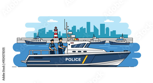 Modern vector illustration of marine police patrolling harbor with boat ensuring coastal security, transportation safety and professional law enforcement service at sea