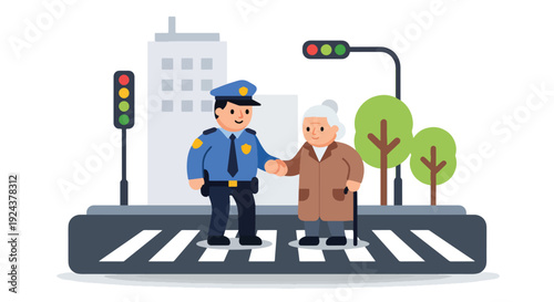 Modern vector illustration of police officer assisting elderly person crossing street showing kindness, community support, safety awareness and responsible public service duty