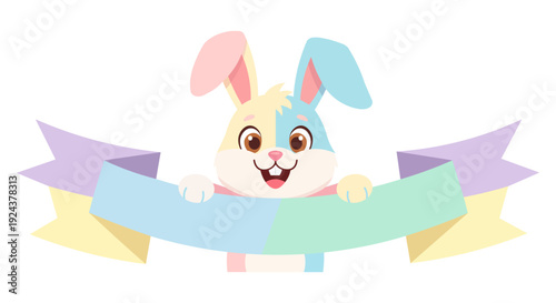 Cute bunny ears peeking over a yellow blank sign for easter greetings and messages