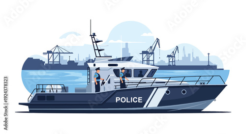 Modern vector illustration of marine police patrolling harbor with boat ensuring coastal security, transportation safety and professional law enforcement service at sea