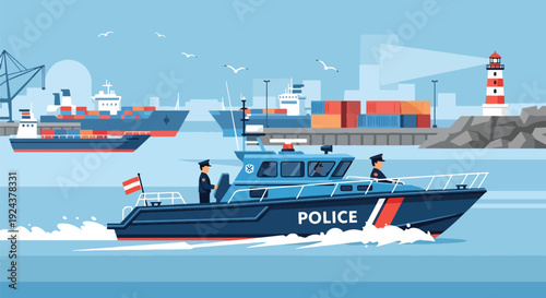 Modern vector illustration of marine police patrolling harbor with boat ensuring coastal security, transportation safety and professional law enforcement service at sea