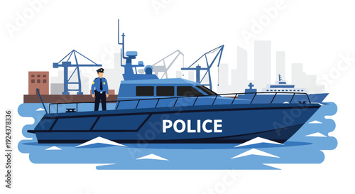 Modern vector illustration of marine police patrolling harbor with boat ensuring coastal security, transportation safety and professional law enforcement service at sea