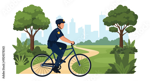 Modern vector illustration of bicycle police officer patrolling city park promoting eco friendly mobility, community safety and visible law enforcement presence in urban area
