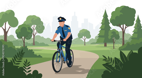 Modern vector illustration of bicycle police officer patrolling city park promoting eco friendly mobility, community safety and visible law enforcement presence in urban area