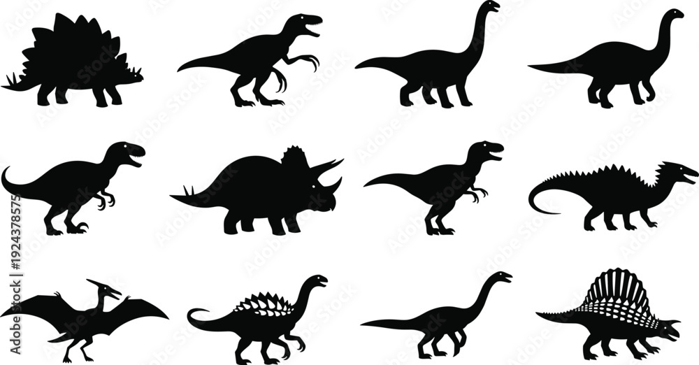 Obraz premium Dinosaur silhouette collection featuring herbivores and carnivores, flying reptiles, prehistoric wildlife artwork symbolizing paleontology, evolution, biodiversity, education, and artistic design