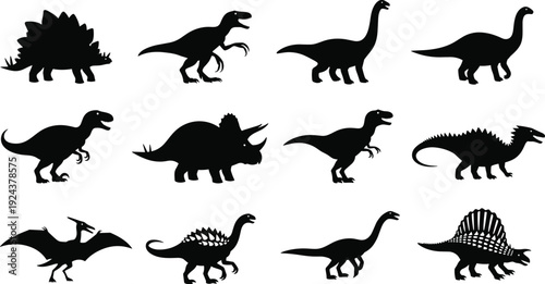 Dinosaur silhouette collection featuring herbivores and carnivores, flying reptiles, prehistoric wildlife artwork symbolizing paleontology, evolution, biodiversity, education, and artistic design