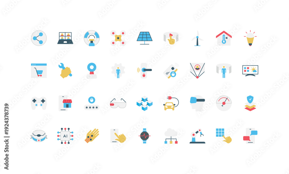 Fototapeta premium Flat style icons representing new technology, innovation, smart devices, artificial intelligence, automation, and digital solutions for web, apps, and presentations isolated vector illustration