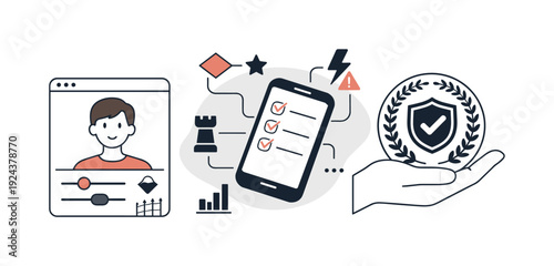 Modern minimal flat vector conceptual collage, crisp hard edges, consistent THIN outline stroke, rounded corners where needed,