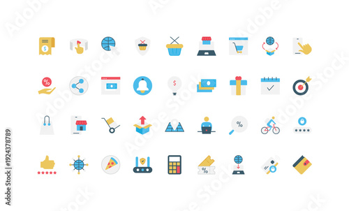 Modern flat icons for online shopping, e-commerce, delivery, payment, and digital marketing perfect for web, app, and business design needs isolated vector illustration