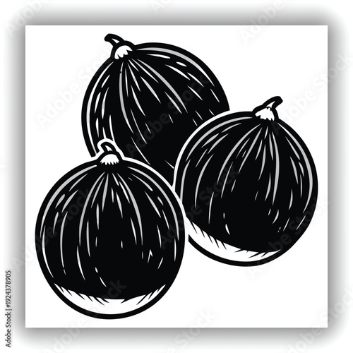 Three mature coconuts are the main subjects, arranged in a visually appealing cluster. They are positioned against a transparent background. The coconuts are roughly spherical, with a deep brown, fibr