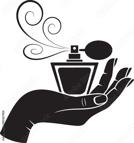 Silhouette hand holding perfume bottle with spraying fragrance and decorative swirls