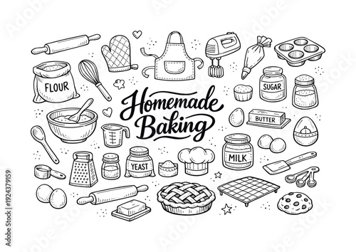 Essential tools for homemade baking, hand drawn doodle elements set, center hand-lettered title, black & white vector line art,